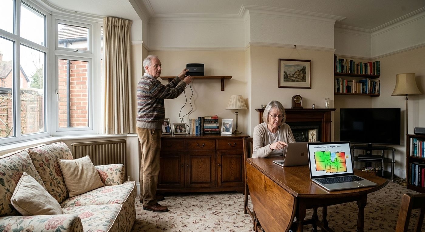 An older couple repositioning their router onto a high shelf in a 1930s semi while following the RouterMap plan