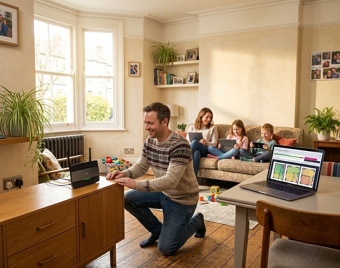 A father moving the family router onto a sideboard while the children use tablets on the sofa