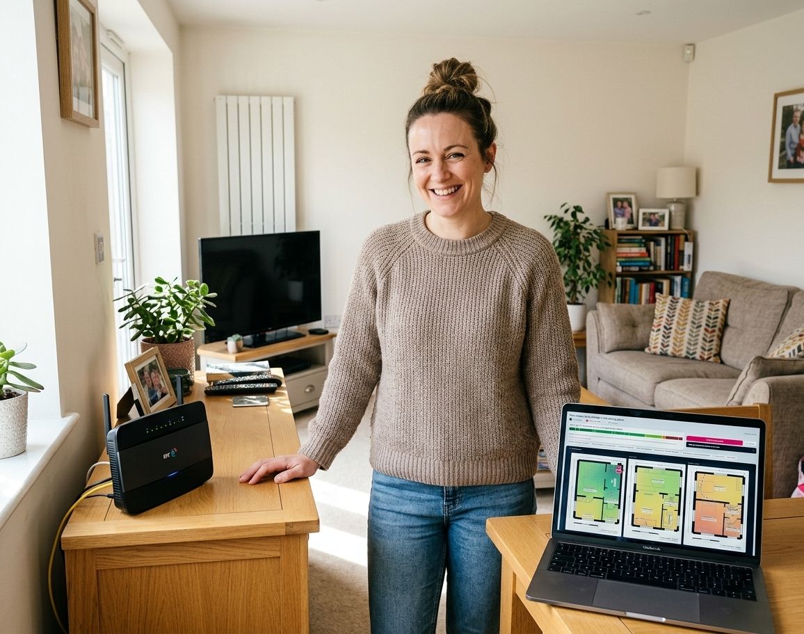 A smiling householder beside her router on a sideboard, with the RouterMap plan showing every room covered