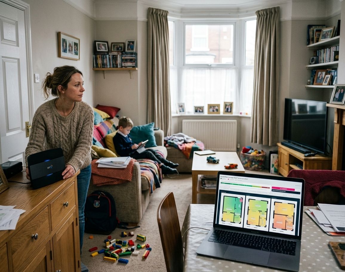 A woman lifting a router off the floor onto a side table in a UK living room, with RouterMap open on a laptop
