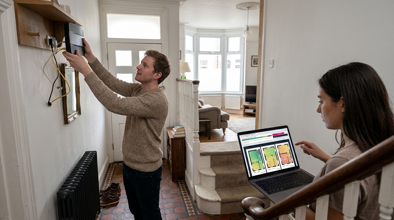 A couple in a UK hallway placing their router by the front door while checking the RouterMap coverage plan on a laptop