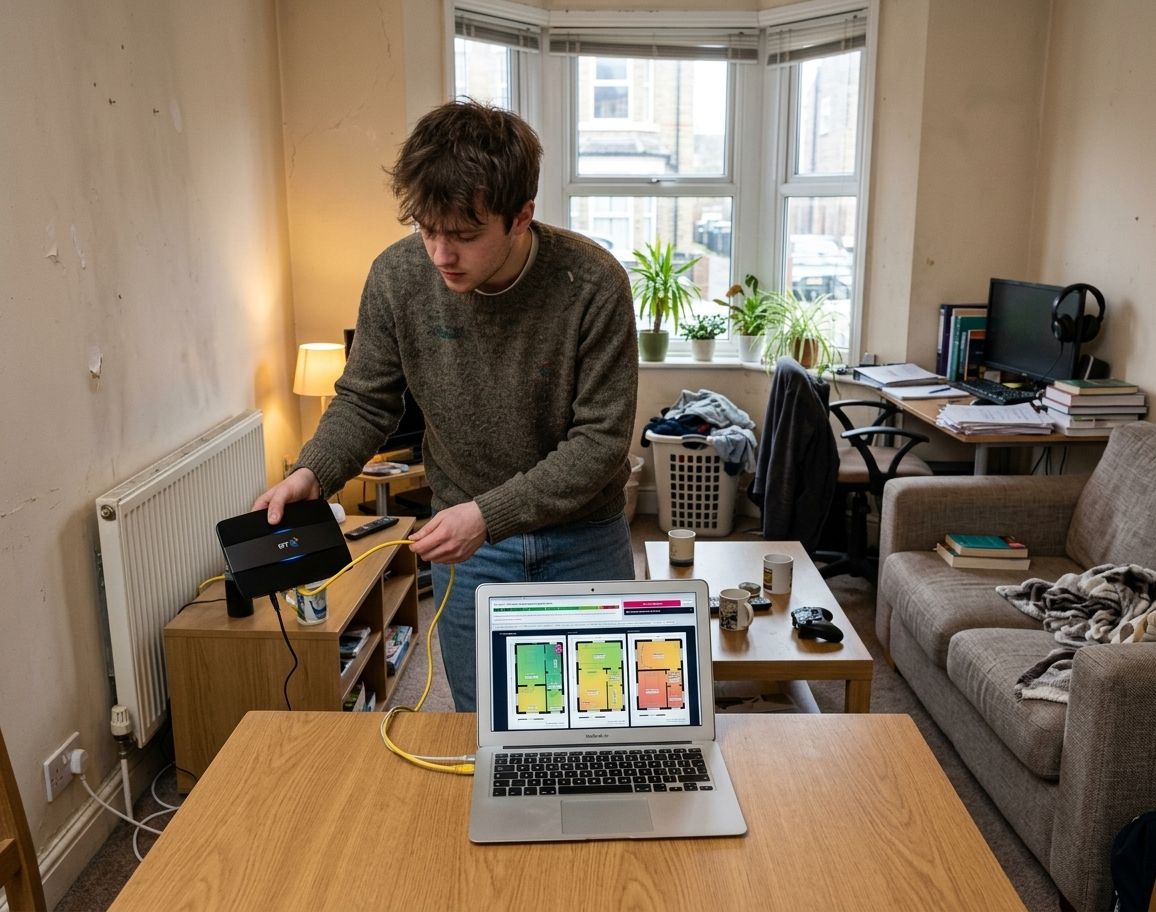 A student running a yellow ethernet cable to move the router away from the socket in a rented UK flat
